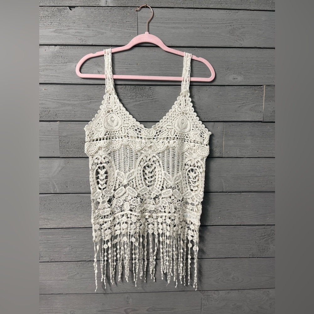 Phase One Boho Cream 100% Cotton Crochet Sleeveless Top Sz M Medium - Picture 5 of 8
